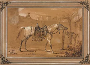 Saddled Arabian Horse in Courtyard, 1820. Creator: Carle Vernet (French, 1758-1836)