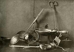 Tools Collection: Sadiron; tongs; skimmer, fork; trivets and copper chopping-dish, c18th century, (1937)