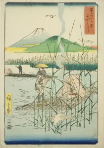 Sagami River (Sagamigawa), from the series Thirty-six Views of Mount Fuji (Fuji... 1858. Creator: Ando Hiroshige. Sagami River (Sagamigawa), from the series Thirty-six Views of Mount Fuji (Fuji... 1858. Creator: Ando Hiroshige)