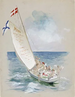 Wake Prints: Sailboat downwind, draft menu, c1890s. Creator: Albert Edelfelt