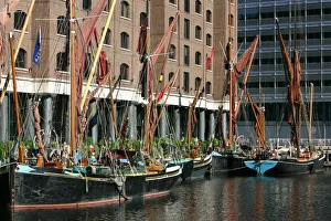 Docklands Prints: Sailing barges in St Katherines Dock, London