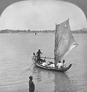 A sailing boat on the Irawaddy River, Burma, 1908. Artist: Stereo Travel Co A sailing boat on the Irawaddy River, Burma, 1908. Artist: Stereo Travel Co