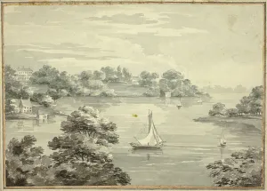 Thomas Hearne Prints: Sailing Boats on Lake with Houses near Shore