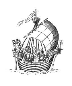 Crows Nest Prints: Sailing ship, 1445, (1843). Artist: Henry Shaw