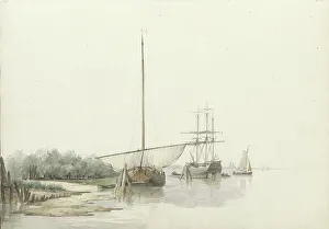 Ditch Prints: Sailing ships at anchor by a riverbank, 1797-1838. Creator: Johannes Christiaan Schotel