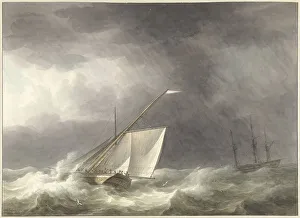 Stormclouds Prints: Two sailing ships on turbulent sea, 1803. Creator: Martinus Schouman