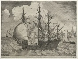 Sailing Vessels: Armed Four-Master Putting Out to Sea, 1561-65. Creator: Frans Huys (Flemish