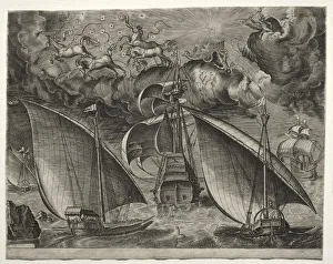 Sailing Vessels: Two Galleys Sailing Behind an Armed Three-Master with Phaeton... 1561-65