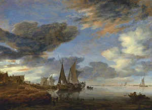 Salomon Von Ruisdael Prints: Sailing Vessels moored near a Village, 1660. Creator: Salomon Ruysdael