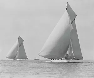 William Fife Collection: The sailing yachts White Heather and Shamrock, race downwind