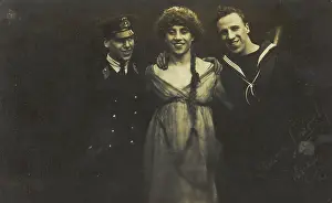 Cross Dressing Prints: Three sailors with arms round each other, 1917. Creator: Unknown