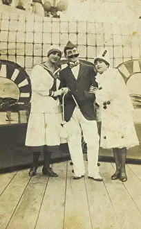Drag Prints: Three sailors, two in drag wearing pierrette costumes