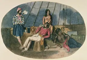 Aotearoa Prints: Sailors and Maoris on the deck of a ship, c1850. Creator: Unknown