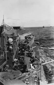 Sailors sleeping on the upper deck of the British battleship HMS Malaya, c1940-c1941