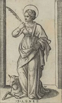 Raimondi Gallery: Saint Agnes standing a holding a palm in her right hand, a sheep lower left, from... ca