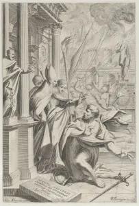 Santa Gallery: Saint Ambrose repelling Emperor Theodosius, 1652-1711. Creator: Johann Jakob Thurneysen the Elder