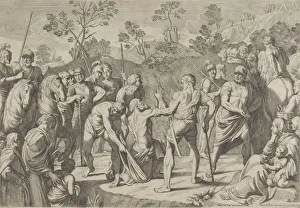 Guido Prints: Saint Andrew kneeling in prayer as he is led to the cross, after Reni, 1650-80