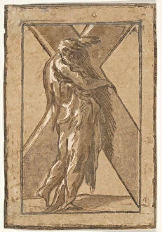 Saint Andrew standing in profile holding a large cross from a series of Twelve Apo