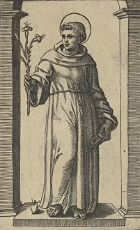Lily Prints: Saint Anthony of Padua standing, lilies in his raised right hand, a book in his... ca