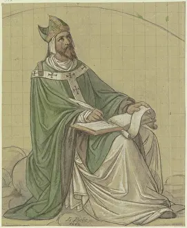 Coal Prints: Saint Augustine sitting and writing in a book, 1862. Creator: Leopold Bode