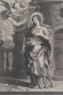 Palm Fronds Prints: Saint Barbara holding palm leaves with a sword and flowers at her feet, two putti o