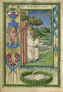 Andrea Gualengo Prints: Saint Benedict in Prayer; Gualenghi-d'Este Hours, about 1469. Creator: Taddeo Crivelli