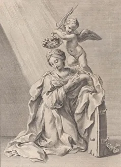 Catherine Saint Prints: Saint Catherine of Alexandria, kneeling with her elbow resting on the spiked wheel
