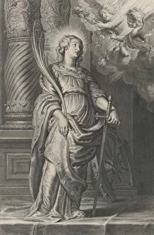 St Catherine Gallery: Saint Catherine holding palm leaves and a sword, two putti overhead holding a laure