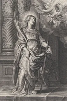 Saint Catherine holding palm leaves and a sword, two putti overhead holding a laure