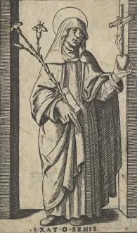 Lily Prints: Saint Catherine of Siena standing holding flowers and book in her right hand, a h... ca