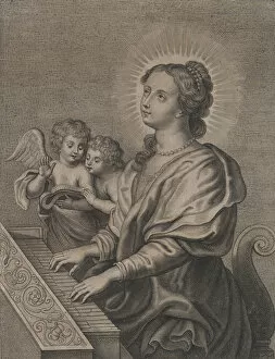 Musical Gallery: Saint Cecilia playing the organ with two putti at left, ca. 1654-77