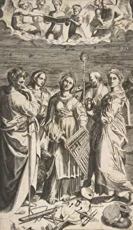 Saint Cecilia standing in the centre accompanied by Saint Paul, the Magdalene