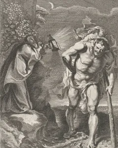 Images Dated 5th November 2020: Saint Christopher carrying the Christ child across a stream, another man holding a