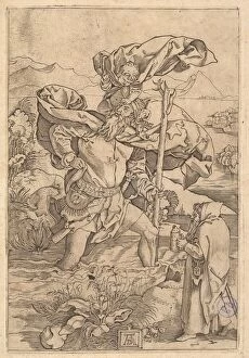 Alberto Durero Gallery: Saint Christopher crossing the river with Christ in the form of a putto on his sh... ca