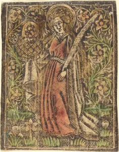 Metalcut Prints: Saint Dorothy, c. 1480. Creator: Workshop of the Master of the Aachen Madonna