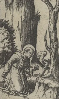 Marcantonio Gallery: Saint Francis of Assisi praying before a crucifix, from the series Piccoli Santi... ca