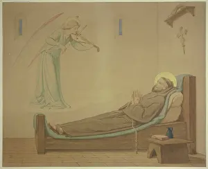 Lying Prints: Saint Francis in his cell: An angel quenches the dying man's longing for music, 1855