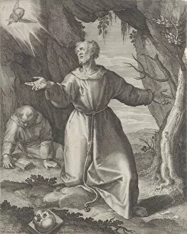 Images Dated 27th October 2020: Saint Francis kneeling with his arms outstretched, looking towards a cherub at upper left