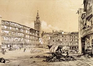 Sevilla Gallery: Saint Francis square, Seville, drawing, 1834