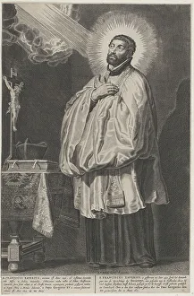 Divine Prints: Saint Francis Xavier with a divine light emanating towards him from the upper left