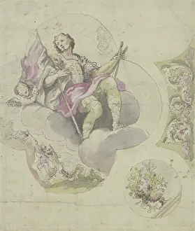 Saint George with sword and banner, enthroned on clouds. Creator: Unknown