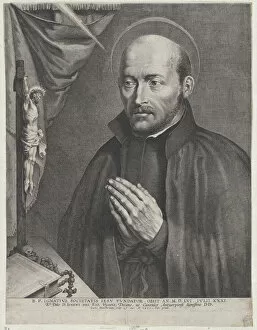 Saint Ignatius of Loyola, praying towards the left with a crucifix, a rosary, a book, and ..., 1621