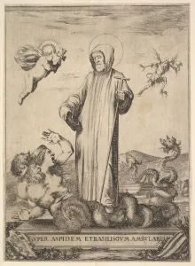 Della Bella Prints: Saint Jean Gualbert trampling a monster with two human heads and a serpentine body
