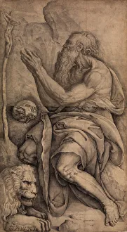 Battista Franco Prints: Saint Jerome kneeling before a crucifix, with a skull and lion, ca. 1550-60