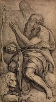 Saint Hieronymus Collection: Saint Jerome kneeling before a crucifix, with a skull and lion, ca. 1550-60