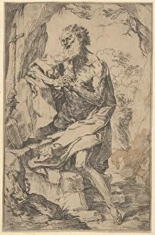 Saint Hieronymus Collection: Saint Jerome kneeling on a rock in front of a cross and an open book facing left, ... ca