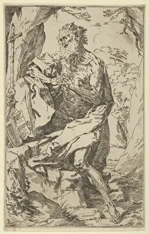 Reni Guido Prints: Saint Jerome kneeling on a rock in front of a cross and an open book facing left