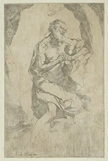 Guidop Reni Prints: Saint Jerome kneeling on a rock in front of a cross and an open book facing right