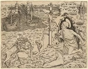 Saint Hieronymus Collection: Saint Jerome in Penitence, with Two Ships in a Harbor, c. 1480 / 1500. Creator: Unknown