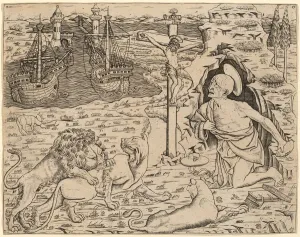 Saint Hieronymus Collection: Saint Jerome in Penitence, with Two Ships in a Harbor, c. 1480 / 1500. Creator: Unknown